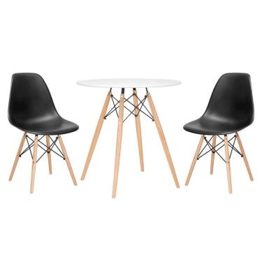 Imagem de Mesa Redonda Eames 70 Cm + 2 Cadeiras Eiffel Dsw Mesa Branca Com Cadeiras Pretas