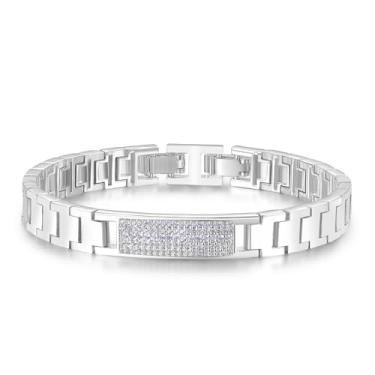 Imagem de TRENDOLLA Pulseira masculina de aço inoxidável, pulseira de corrente de elos cubanos hiphop grossa de 7,5/20.3 cm, ouro branco e banhado a ouro 14K, One Size, Zircônia cúbica, Zircônia cúbica