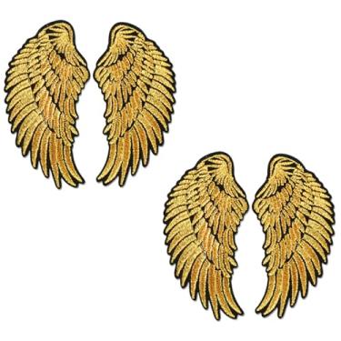 Imagem de 2 pares de adesivos bordados com asas de anjo douradas costuradas a ferro no tecido para roupas, jeans, jaquetas, chapéus, sapatos, mochilas