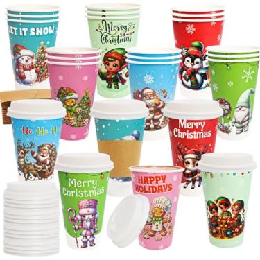 Imagem de ceiba tree Copos de papel de café descartáveis de Natal de 473 ml com tampas e mangas 24 pacotes de copos de Natal para bebidas e artigos de festa