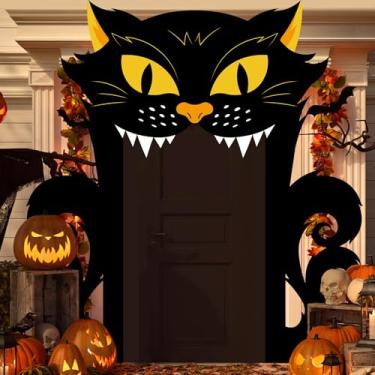 Imagem de Banner de porta de gato preto de Halloween para decoração de terror, decoração de Halloween para porta de gato preto assustador, fundo para festa de doces ou travessuras, casa assombrada, véspera de