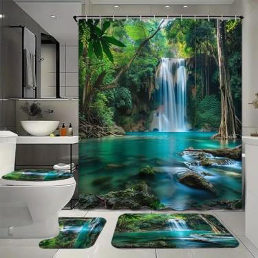 Imagem de SOPIYRIO Conjunto de cortina de chuveiro à prova d'água Waterfall View (182 x 182 cm) com tapetes de banho antiderrapantes, conjunto de banheiro com 4 peças de primavera natural e rio inclui tapete em