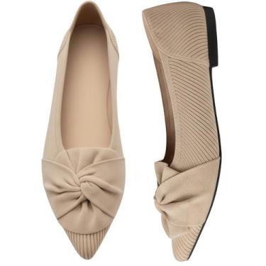 Imagem de bmhulna Sapatilhas femininas de bico fino com laço de malha e palmilha com suporte de arco, Bege, 38