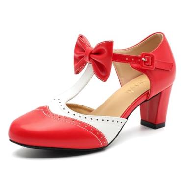 Imagem de Rjclyh Sapatos femininos Mary Jane com tira em T com laço, bico redondo, vintage, salto médio, recorte para festa escolar Lolita Cosplay, Vermelho e branco, 36