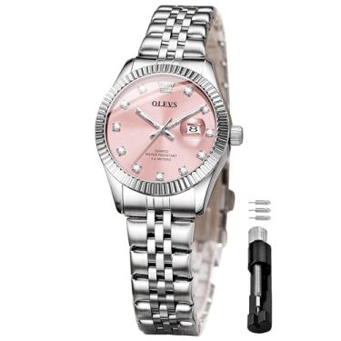 Imagem de OLEVS Relógio feminino clássico número de vestido feminino para mulheres, analógico, quartzo, aço inoxidável, à prova d'água, 3705: pulseira prata e mostrador rosa, Tendência
