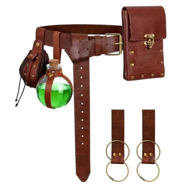 Imagem de Bolsa de cinto renascentista, bolsa de couro de pirata viking medieval, conjunto de garrafa de poção, saia, caminhada, Halloween, cosplay, acessório para fantasia, Garrafa 2 bolsas - marrom, Belt