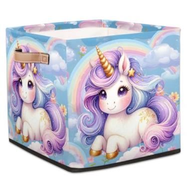 Imagem de hongjinglin Cestas dobráveis de armazenamento de cubo unicórnio fofas caixas dobráveis roxas brinquedo infantil com alças organizador de armazenamento de tecido cesto para berçário, sala de estar