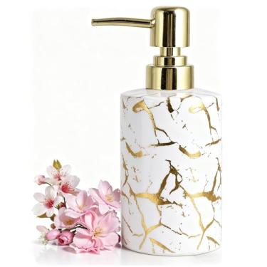 Imagem de Dispensador de sabão de banheiro dourado, dispensador de sabão de cerâmica com bomba dourada, garrafa vazia de mármore para cozinha, organizador de armazenamento de bancada de banheiro, decoração de
