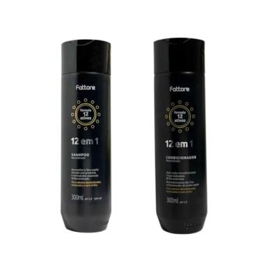 Imagem de Kit Fattore 12 em 1 Shampoo + Condicionador 300ml cada – pH 5,5 e pH 3,5, limpeza suave sem sal, selagem imediata, antifrizz, reposição de massa, brilho acetinado, hidratação profunda, com queratina d-pantenol ceramidas