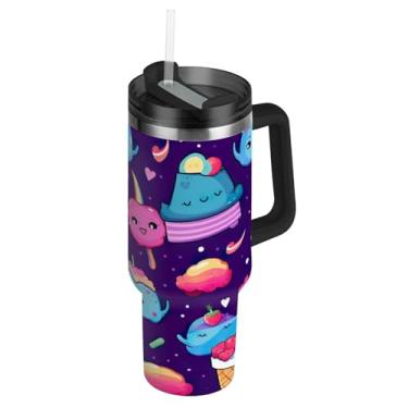 Imagem de Blueangle Copo de cone de sorvete de 850 g com alça e tampa de palha, caneca de viagem de aço inoxidável isolada a vácuo de parede dupla, garrafa de água reutilizável para academia de escritório ao ar