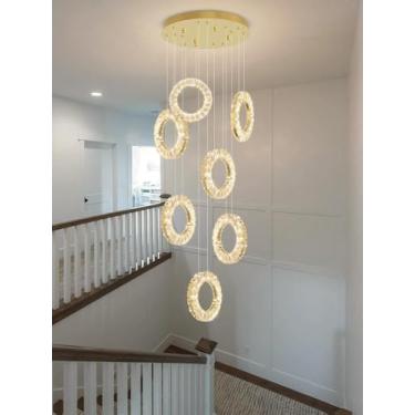 Imagem de Lustre moderno de cristal com 10 anéis, luminária pendente longa para escada, LED, para sala de estar, com controle remoto, luminária suspensa para hall de entrada com pé direito alto, anel