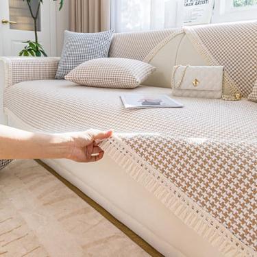 Imagem de Capa de sofá com espreguiçadeira de 3 lugares, capas de sofá antiderrapantes para conjunto de sofá secional com decorações de tecido, capas de sofá de linho resistente a manchas cáqui 110 x 110