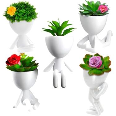 Imagem de Vaso de Planta Decorativo em Formato Humano, Branco, com Suculentas e Flores, Design Moderno