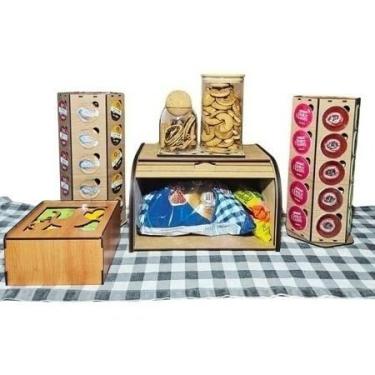 Imagem de Porta Pão Cesto de Pão com Tampa Retrátil - Organizador de Cozinha Compacto em MDF Cor Cru