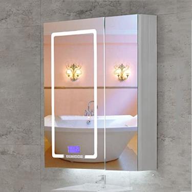 Imagem de Armários de banheiro com espelho, armário de banheiro LED SPXMQSS com prateleiras armário de espelho de banheiro com luzes LED com luz ambiente e espelho prata HD B, 70 x 70 x 13 cm