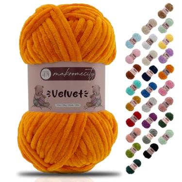 Imagem de Makromecity Fio de veludo 100 g (3,5 oz) / 120 m (132 jardas) fio de chenille premium 100% poliéster, ultra macio, antibolinhas, lavável na máquina, 30 cores para tricô e crochê (laranja, 1 novelo)