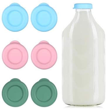 Imagem de 6 tampas de garrafa de leite de vidro de silicone, tampas de substituição de garrafas de vidro de silicone de 48 mm de diâmetro para Libbey & Stanpac garrafas de copos de leite reutilizáveis e tampas