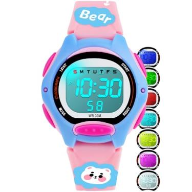 Imagem de Juboos Relógio digital infantil para meninos e meninas, à prova d'água, LCD, esportivo, infantil, com luzes LED de 7 cores, cronômetro, alarme, Rosa pêssego