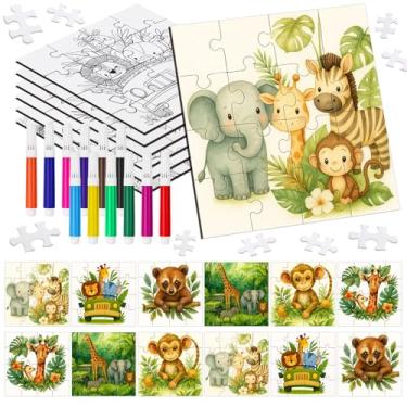 Imagem de Fuyoooo Conjunto de 24 quebra-cabeças fofos de animais da selva de safári, kit de artes e artesanato com cartões de canetas coloridas para aniversário, Natal, Halloween, lembrancinhas de festa e