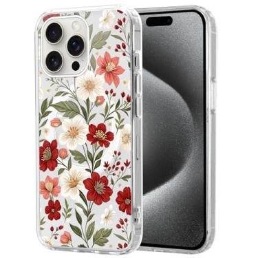 Imagem de Vulfwela Linda capa de telefone magnética de flor transparente para iPhone 16 Pro Max de 6,9 polegadas, compatível com MagSafe, estampa floral vermelha e branca estética fina TPU à prova de choque