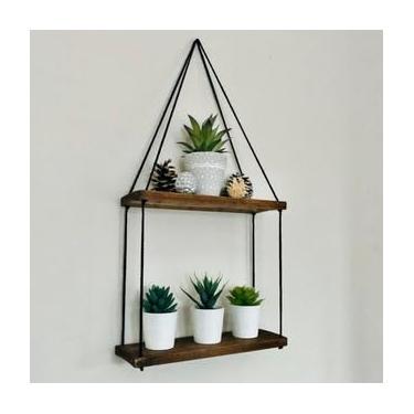 Imagem de Prateleira Suspensa Artesanal com Corda | 1, 2 ou 3 Andares em Madeira Pinus Natural ou Imbuia(Dois Andares Imbuia)