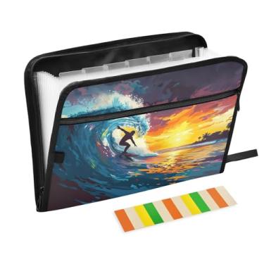 Imagem de Wassud Pasta organizadora de arquivos de papel A4 de acordeão de surfe, pasta organizadora de documentos, com etiquetas, pasta de arquivos expansível, 13 bolsos