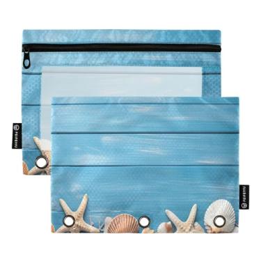 Imagem de Wassud Bolsa de lápis para fichário de 3 anéis, bolsa de lápis transparente de madeira azul com estrela do mar, bolsa de zíper lisa, estojo de lápis padrão, pacote com 2