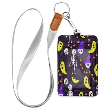 Imagem de Wassud Lindo porta-crachá de couro PU esqueletos com cordão, porta-cartão de identificação para trabalho, cordão de pescoço com compartimentos para cartões de crédito, funcionários, estudantes, 39,9