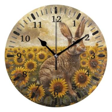 Imagem de CEBUGI Coelho girassóis relógio de parede operado a bateria relógios redondos silenciosos sem tique-taque relógios de parede para cozinha, banheiro, quarto, escritório, decoração 25,4 cm