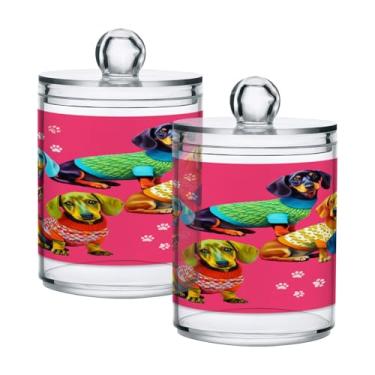 Imagem de STAYTOP 2 frascos de boticário com dispensador Qtip para banheiro com etiquetas – Recipiente de armazenamento Qtip de plástico transparente para bola de algodão, cotonete, grão de café - Dachshunds