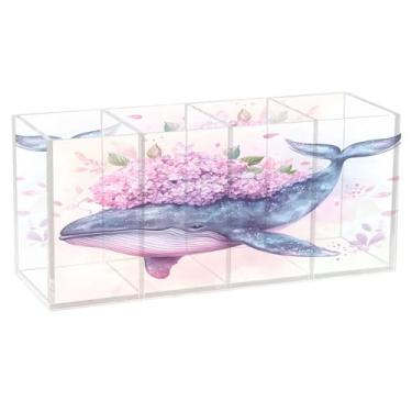 Imagem de Burbuja Porta-canetas de acrílico com flores de hortênsia de baleia aquarela, 4 compartimentos, suporte de lápis transparente para pincel de maquiagem estacionário, acessórios de mesa de escritório em