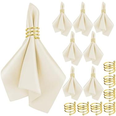 Imagem de MCEAST Conjunto de 8 guardanapos e anéis de guardanapo de pano de cetim, guardanapos de mesa de tecido liso e porta-guardanapos para casamento, jantares de aniversário, reuniões de família, decoração de mesa (marfim, 43 x 43 cm)