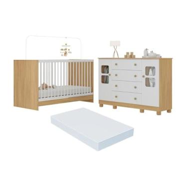 Imagem de Berço 3 em 1 com Colchão Incluso e Cômoda 2 Portas 4 Gavetas Sol Multimóveis Mp4756 Madeirado/branco