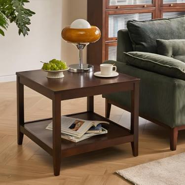 Imagem de Cttasty Mesa lateral, mesa de canto quadrada de madeira maciça com prateleira de armazenamento, mesa de centro de 2 camadas para sala de estar, mesa de sofá pequena de madeira de borracha, mesa de