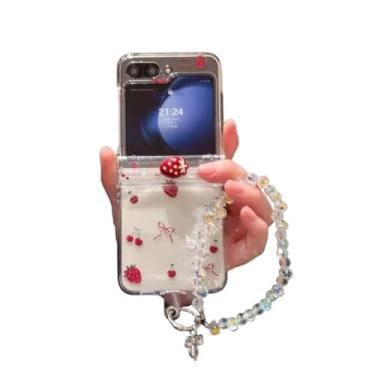 Imagem de JLSDBMZ Capa para Samsung Galaxy Z Flip 7 FE/Z Flip 6 Morango, Mulher Meninas Requintado Design de Padrão de Laço Fofo, Capa Protetora de Telefone Kawaii Claro Cherry Fold com Pulseira (Galaxy Z Flip