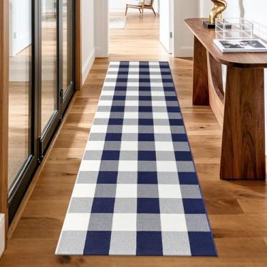 Imagem de Fixseed Tapete xadrez azul marinho e branco Buffalo xadrez corredor tapete lavável tapete de algodão tecido de algodão para entrada, casa de fazenda, cozinha, banheiro, interior, exterior, tapete de