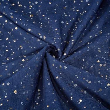 Imagem de letsinstyle 140 cm x 4 metros Tecido de tule com glitter azul marinho, estrela dourada e lua, gaze decorativa brilhante para vestido tutu DIY saia de mesa artesanato casamento transparente