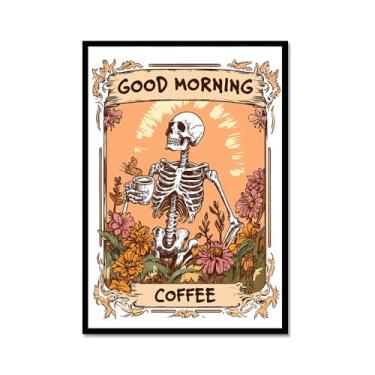 Imagem de Pôster vintage esqueleto manhã café engraçado caveira café arte de parede esqueleto gótico beber café arte para decoração de bar cozinha (SKU1,12x16 polegadas = (30x40 cm), moldura de metal preto)