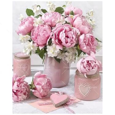 Imagem de TAOPAOLAB Kit de pintura floral por números para adultos – Peônias rosa DIY em vaso pintura em tela 40 x 50 cm, conjunto de tinta acrílica emoldurada, adequado para iniciantes, arte de flores para