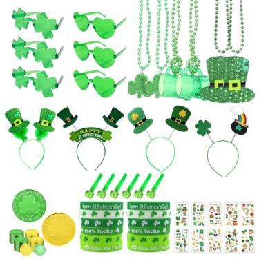 Imagem de JFBNXB Acessórios do Dia de São Patrício, 160 peças de lembrancinhas de festa do dia de São Patrício com copos de trevo, colares, tatuagens, moedas, apitos para festa do dia de São Patrício, desfiles