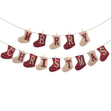 Imagem de 12 peças de guirlanda de natal de serapilheira com clipes, faixa de meia de Feliz Natal, decoração rústica para pendurar em lareira, festa e decoração de Natal ao ar livre