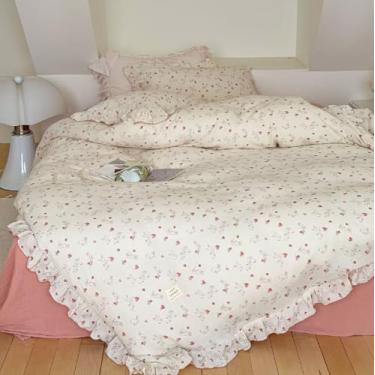 Imagem de BuLuTu Conjunto de capa de edredom de gaze, roupa de cama king, com babados, macio, respirável, musselina, algodão, 2 fronhas, estampa floral de coelho, fecho de zíper, 4 gravatas, sem edredom