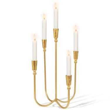 Imagem de 5 castiçais de metal para velas, castiçal de 45,7 cm de altura, dourado, para eventos de casamento, para decoração de mesa de jantar (dourado)