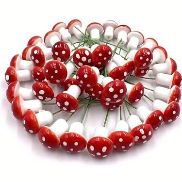Imagem de 20 peças de mini cogumelo artificial jardim fada bonsai planta decoração para casa faça você mesmo micro decoração de paisagem para decoração interna e externa, vermelho