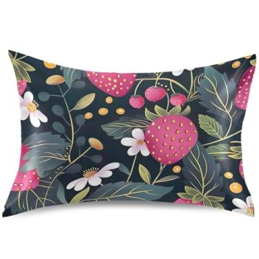 Imagem de Capas de travesseiro de cetim rosa floral morango fresco para cabelos capas de travesseiro padrão queen king size premium para cabelo e pele, tamanho king, 101,6 cm x 50,8 cm