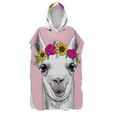 Imagem de TSENQUE Roupão bonito de lhama branco rosa para adultos, poncho de surfe, ponchos adultos de secagem rápida, para mulheres, toalha de banho com capuz de praia