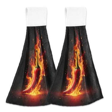 Imagem de Toalhas de cozinha personalizadas Red Chili Fire com laço para pendurar toalhas de chá de forno ultra absorvente bonito conjunto de toalhas decorativas de cozinha de 2, 18,2 x 14 polegadas