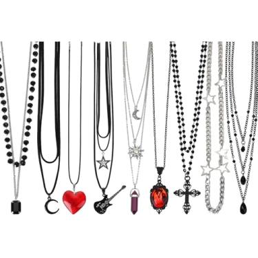 Imagem de JATEBI Conjunto de colar gótico Y2K com 9 peças - acessórios góticos emo grunge, colar de coração e estrela para mulheres, acessórios de joias retrô emo para roupas de roqueiro