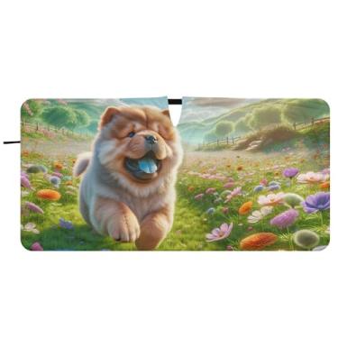 Imagem de Guarda-sol personalizado para cachorro Chow Chow floral primavera para para-brisa de carro bonito caminhão dobrável guarda-chuva de para-brisa automotivo, guarda-sol, 81 cm x 157 cm