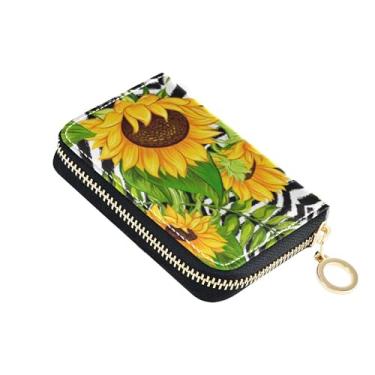 Imagem de Carteira feminina com suporte para cartão de crédito com bloqueio de RFID, zíper ao redor, carteira masculina pequena com bolso para moedas, listras amarelas vibrantes e girassóis
